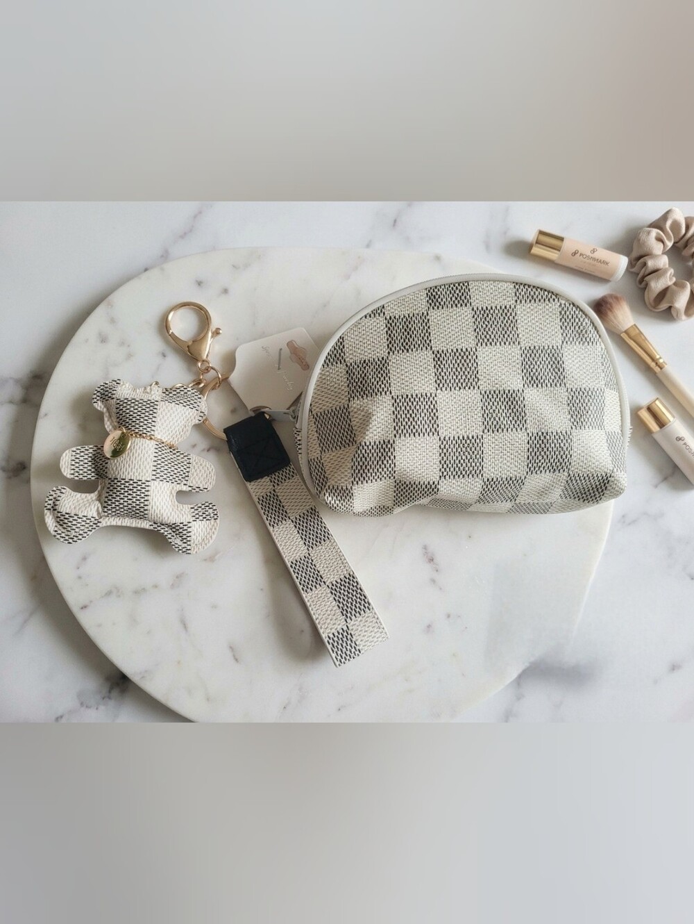 Checkered Wristlet & Teddy Bear Keychain Set